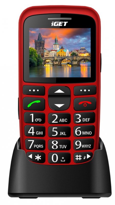 iGET SIMPLE D7 Red, seniorský, Bluetooth, FM rádio, kamera, svítilna, výdrž 15 dní,microSD, stojánek - obrázek produktu