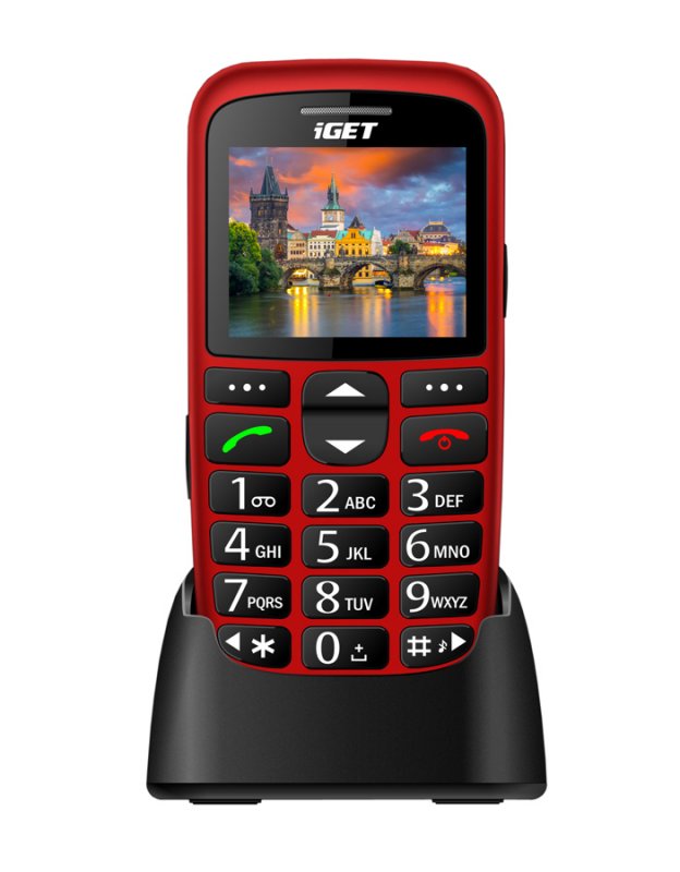 iGET SIMPLE D7 Red, seniorský, Bluetooth, FM rádio, kamera, svítilna, výdrž 15 dní,microSD, stojánek - obrázek č. 1