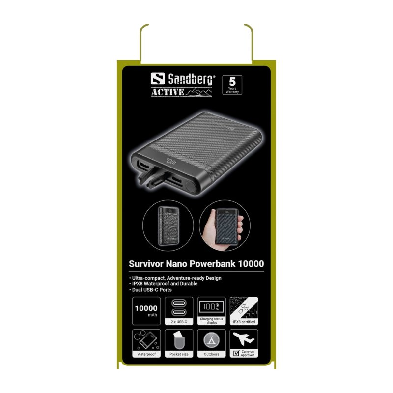 Sandberg Survivor Nano Powerbank 10000 mAh, outdoorová powerbanka s USB-C PD, černá - obrázek č. 1