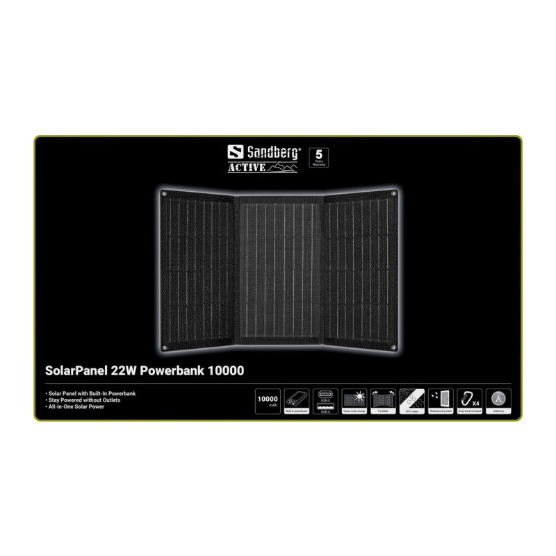 Sandberg SolarPanel 22W Powerbank 10000 mAh, solární powerbanka, černá - obrázek č. 1