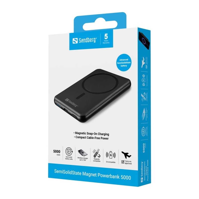 Sandberg SemiSolidState Magnet Powerbank 5000 mAh PD20W, magnetická powerbanka, černá - obrázek č. 1