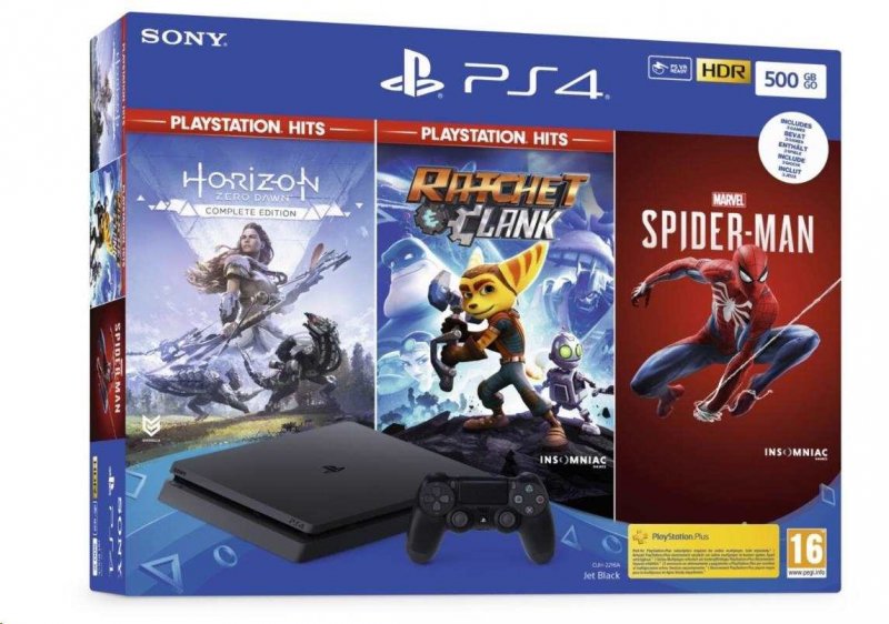 PS4 - Playstation 4 černý 500GB + HZN HITS/  Marvel Spider Man /  R&C HITS - obrázek produktu