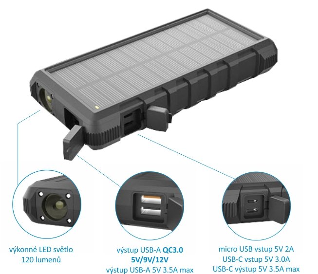 Solární powerbanka VIKING W24 24000mAh, Outdoorová s IP67, Podpora rychlonabíjení QC3.0, USB-C, - obrázek č. 2