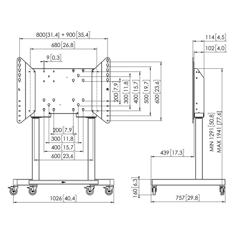 Vogel`s TL 1500 pojízdný podlahový lift pro TV 43-98", 120kg, střed TV 1091-1741mm, VESA max 800x600 - obrázek č. 2