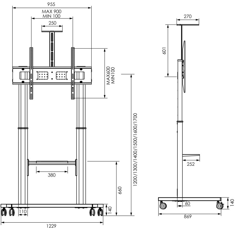 Vogel`s ESSENTIAL T1041 pojízdný stojan pro TV 65-110", 100 kg, 120-170 cm, černý - obrázek č. 2