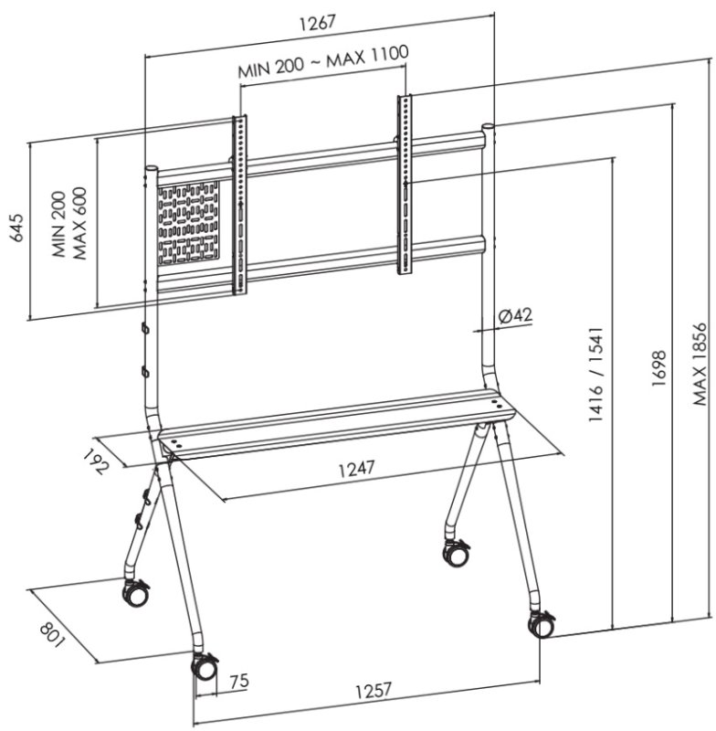 Vogel`s ESSENTIAL T1021 pojízdný stojan pro TV 65-98", 120 kg, výška 154 cm, černý - obrázek č. 2