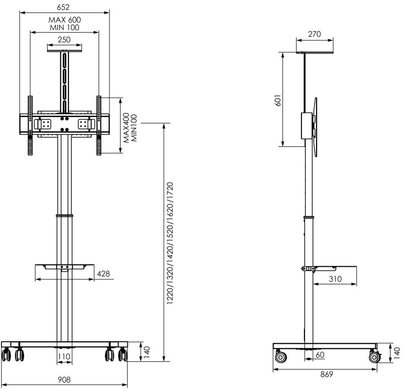 Vogel`s ESSENTIAL T1031 pojízdný stojan pro TV 32-65", 50 kg, 122-172 cm, černý - obrázek č. 2