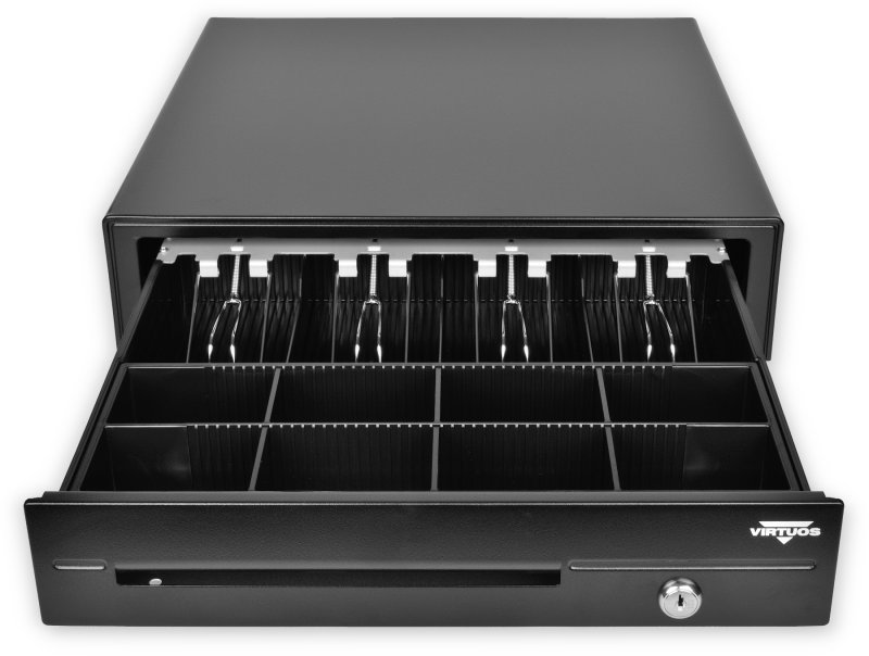 Pokladní zásuvka C420D - s kabelem, kovové držáky, 9-24V, černá - obrázek produktu