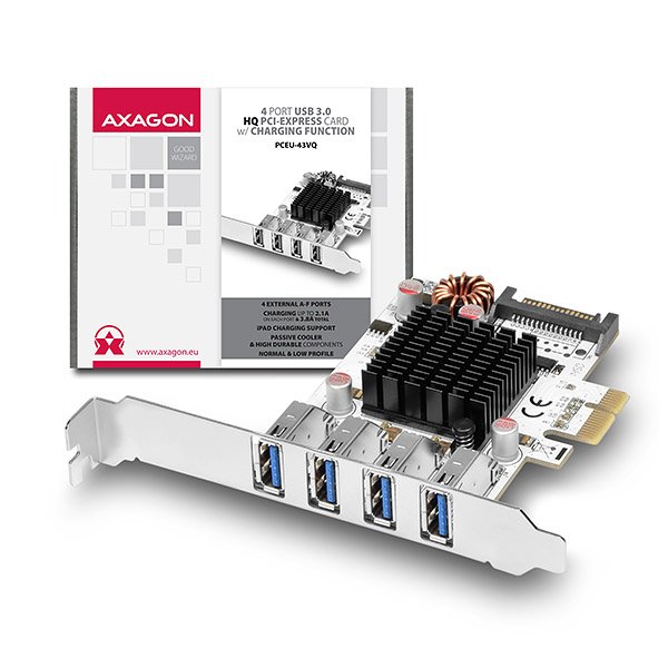AXAGON PCEU-43VQ, HQ PCIe adapter 4x USB3.0, UASP, nabíjení 3.8A, VIA + LP - obrázek produktu