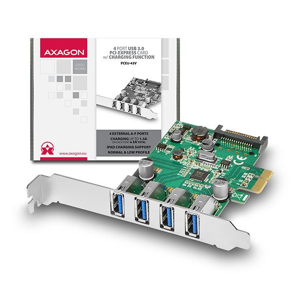 AXAGON PCEU-43V, PCIe adaptér, 4x USB3.0, UASP, nabíjení 3A, vč. LP - obrázek produktu