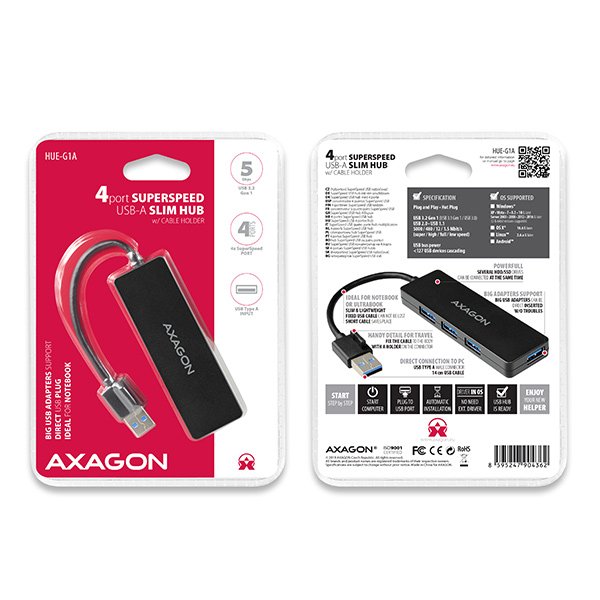 AXAGON HUE-G1A, 4x USB 3.2 Gen 1 SLIM hub, kabel Type-A 14cm napevno - obrázek č. 7