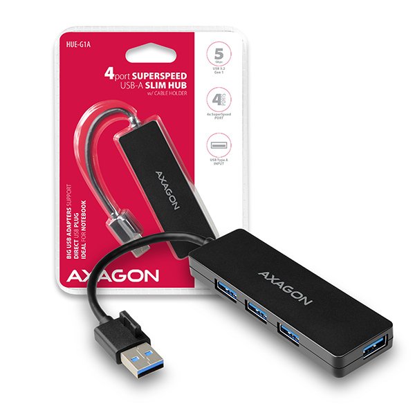 AXAGON HUE-G1A, 4x USB 3.2 Gen 1 SLIM hub, kabel Type-A 14cm napevno - obrázek produktu