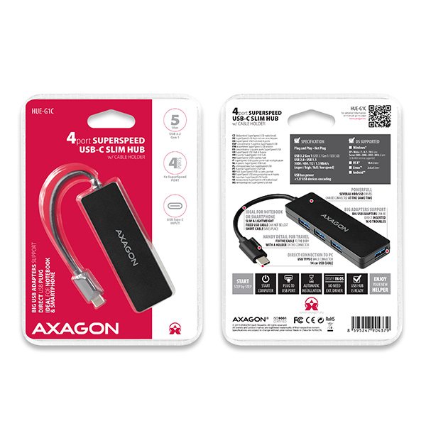 AXAGON HUE-G1C, 4x USB 3.2 Gen 1 SLIM hub, kabel Type-C 14cm napevno - obrázek č. 7
