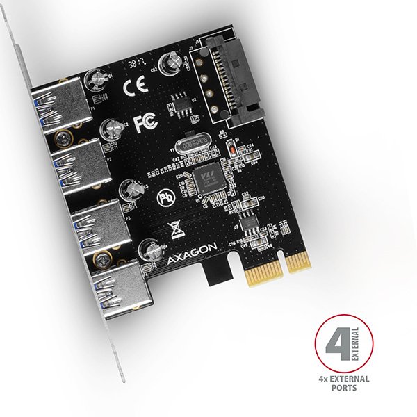 AXAGON PCEU-430VL, PCIe řadič, 4x USB 3.2 Gen 1 port, 5 Gbps, SATA napájení, SP - obrázek č. 3