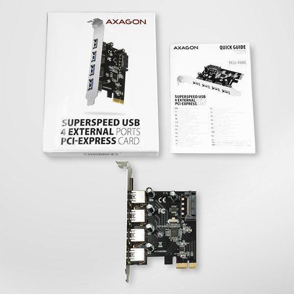 AXAGON PCEU-430VL, PCIe řadič, 4x USB 3.2 Gen 1 port, 5 Gbps, SATA napájení, SP - obrázek č. 5