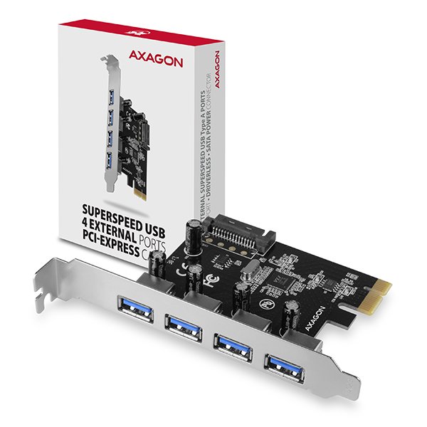 AXAGON PCEU-430VL, PCIe řadič, 4x USB 3.2 Gen 1 port, 5 Gbps, SATA napájení, SP - obrázek produktu
