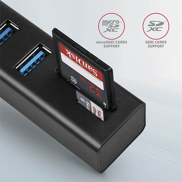 AXAGON HMA-CR3A, USB 3.2 Gen 1 hub, porty 3x USB-A + čtečka karet SD/ microSD, kovový, kabel USB-A 20 - obrázek č. 2