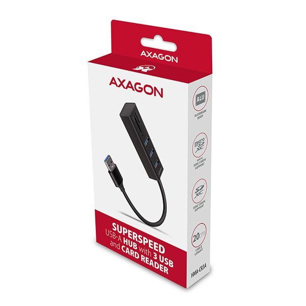 AXAGON HMA-CR3A, USB 3.2 Gen 1 hub, porty 3x USB-A + čtečka karet SD/ microSD, kovový, kabel USB-A 20 - obrázek č. 6