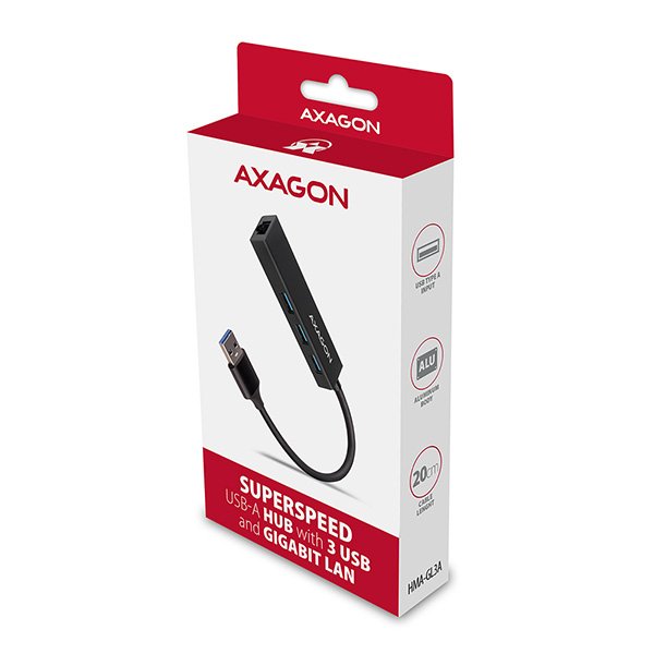 AXAGON HMA-GL3A, USB 3.2 Gen 1 hub, porty 3x USB-A + Gigabit Ethernet, kovový, kabel USB-A 20cm - obrázek č. 6
