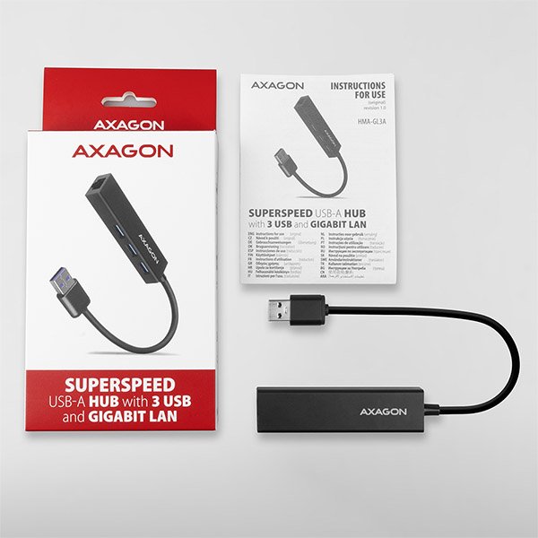 AXAGON HMA-GL3A, USB 3.2 Gen 1 hub, porty 3x USB-A + Gigabit Ethernet, kovový, kabel USB-A 20cm - obrázek č. 5