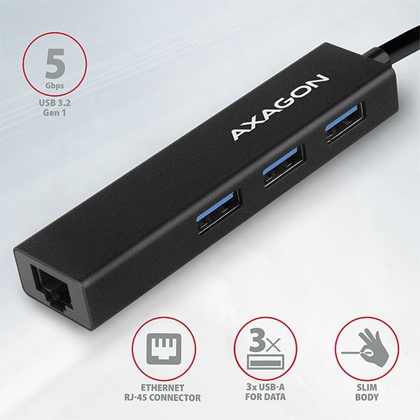 AXAGON HMA-GL3A, USB 3.2 Gen 1 hub, porty 3x USB-A + Gigabit Ethernet, kovový, kabel USB-A 20cm - obrázek č. 1