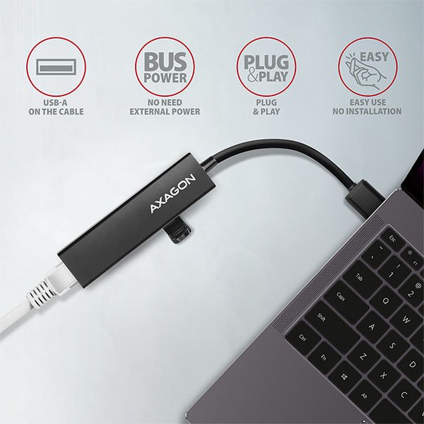 AXAGON HMA-GL3A, USB 3.2 Gen 1 hub, porty 3x USB-A + Gigabit Ethernet, kovový, kabel USB-A 20cm - obrázek č. 3