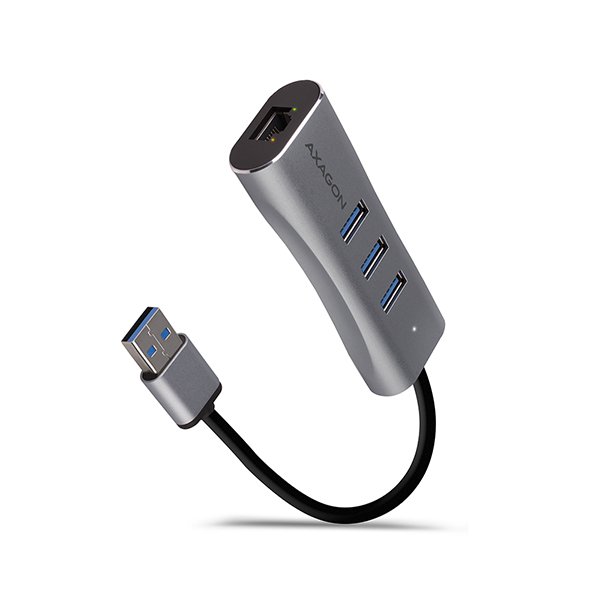 AXAGON HMA-GL3AP, USB 3.2 Gen 1 hub, porty 3x USB-A + Gigabit Ethernet, kovový, micro USB nap. konek - obrázek produktu