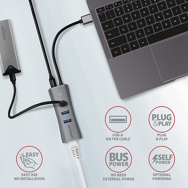 AXAGON HMA-GL3AP, USB 3.2 Gen 1 hub, porty 3x USB-A + Gigabit Ethernet, kovový, micro USB nap. konek - obrázek č. 4