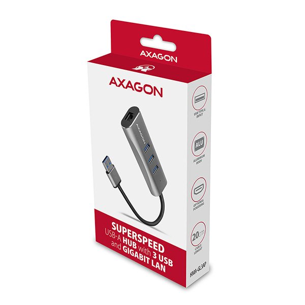 AXAGON HMA-GL3AP, USB 3.2 Gen 1 hub, porty 3x USB-A + Gigabit Ethernet, kovový, micro USB nap. konek - obrázek č. 7