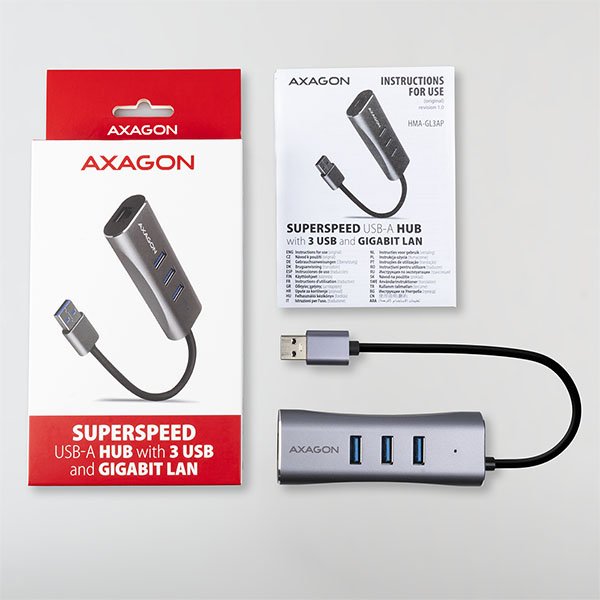 AXAGON HMA-GL3AP, USB 3.2 Gen 1 hub, porty 3x USB-A + Gigabit Ethernet, kovový, micro USB nap. konek - obrázek č. 6