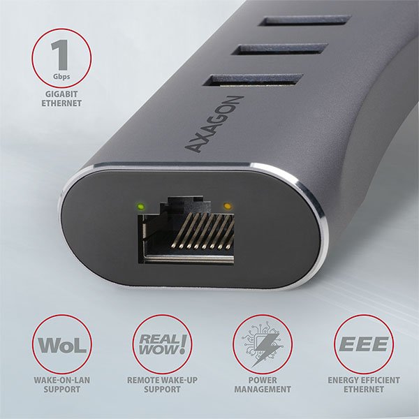 AXAGON HMA-GL3AP, USB 3.2 Gen 1 hub, porty 3x USB-A + Gigabit Ethernet, kovový, micro USB nap. konek - obrázek č. 2