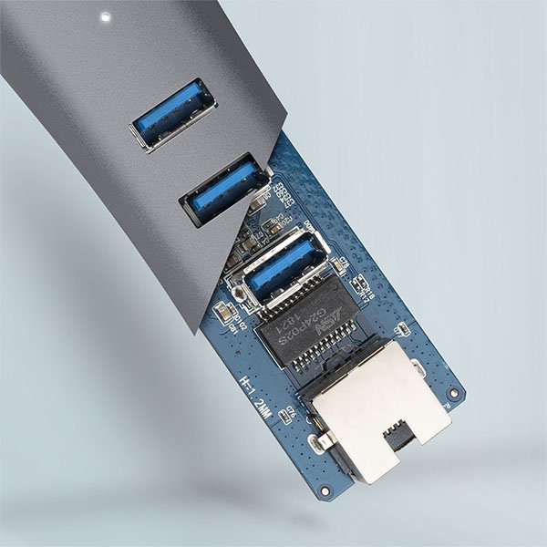 AXAGON HMA-GL3AP, USB 3.2 Gen 1 hub, porty 3x USB-A + Gigabit Ethernet, kovový, micro USB nap. konek - obrázek č. 3