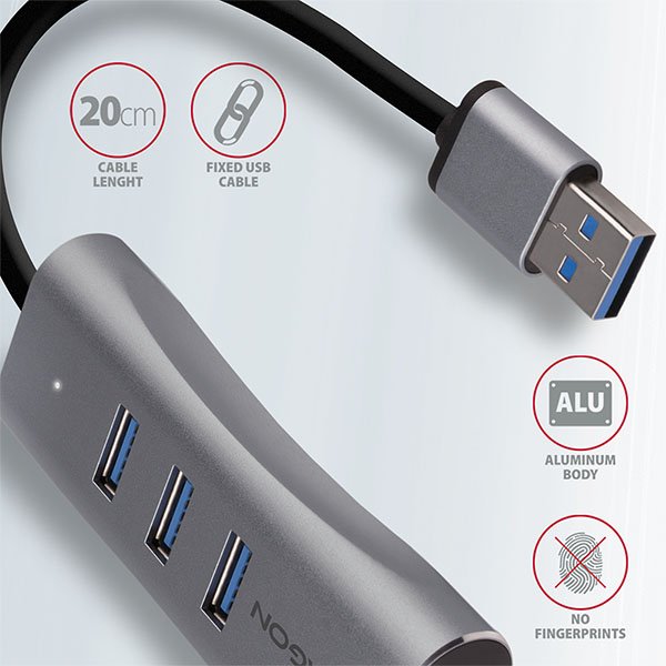 AXAGON HMA-GL3AP, USB 3.2 Gen 1 hub, porty 3x USB-A + Gigabit Ethernet, kovový, micro USB nap. konek - obrázek č. 5