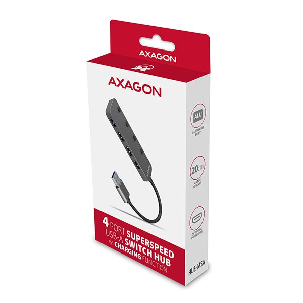 AXAGON HUE-MSA, 4x USB 3.2 Gen 1 SWITCH hub, kovový, micro USB nap. konektor, kabel USB-A 20cm - obrázek č. 6