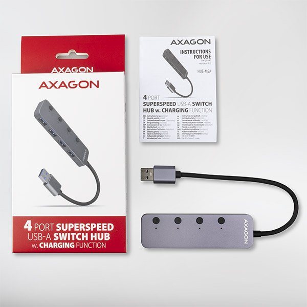 AXAGON HUE-MSA, 4x USB 3.2 Gen 1 SWITCH hub, kovový, micro USB nap. konektor, kabel USB-A 20cm - obrázek č. 5