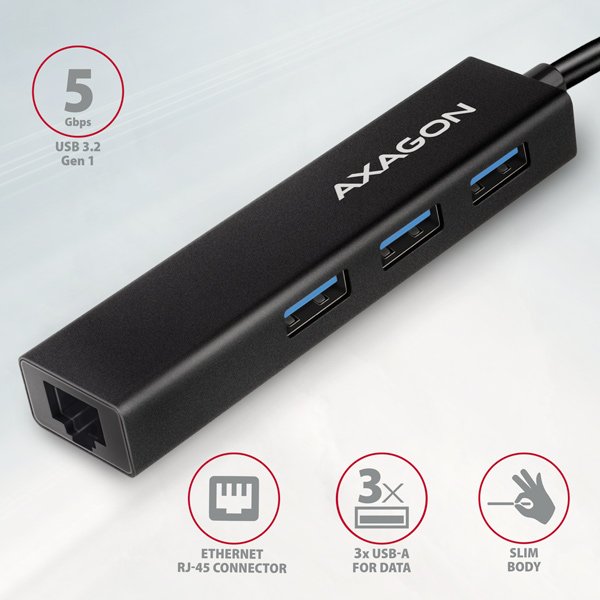 AXAGON HMC-GL3A, USB 3.2 Gen 1 hub, porty 3x USB-A + Gigabit Ethernet, kovový, kabel USB-C 20cm - obrázek č. 1