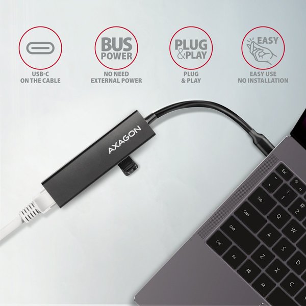 AXAGON HMC-GL3A, USB 3.2 Gen 1 hub, porty 3x USB-A + Gigabit Ethernet, kovový, kabel USB-C 20cm - obrázek č. 3