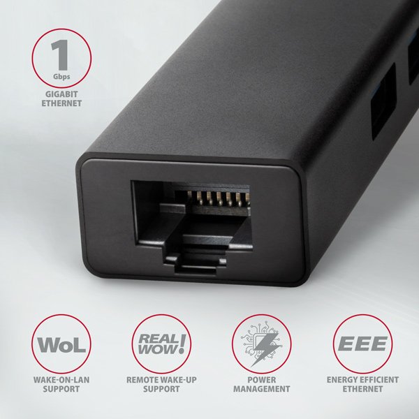AXAGON HMC-GL3A, USB 3.2 Gen 1 hub, porty 3x USB-A + Gigabit Ethernet, kovový, kabel USB-C 20cm - obrázek č. 2