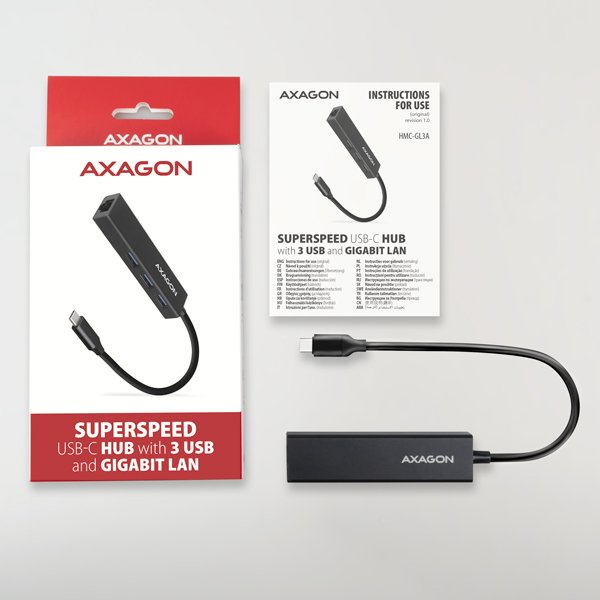 AXAGON HMC-GL3A, USB 3.2 Gen 1 hub, porty 3x USB-A + Gigabit Ethernet, kovový, kabel USB-C 20cm - obrázek č. 5