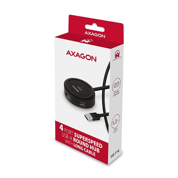 AXAGON HUE-P1AL, 4x USB 3.2 Gen 1 ROUND hub, micro USB napájecí konektor, kabel USB-A 1.2m - obrázek č. 6