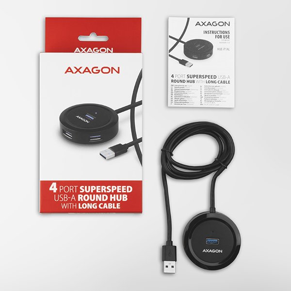 AXAGON HUE-P1AL, 4x USB 3.2 Gen 1 ROUND hub, micro USB napájecí konektor, kabel USB-A 1.2m - obrázek č. 5