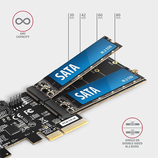 AXAGON PCES-SA4M2, PCIe řadič - 2x interní SATA 6G port + 2x SATA M.2 slot, ASM1164, SP & LP - obrázek č. 2