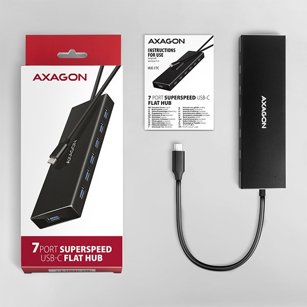 AXAGON HUE-F7C, 7x USB 3.2 Gen 1 ALU FLAT CHARGING hub, micro USB nap. konektor, kabel USB-C 30cm - obrázek č. 6