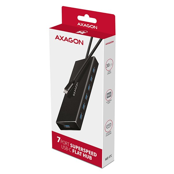 AXAGON HUE-F7C, 7x USB 3.2 Gen 1 ALU FLAT CHARGING hub, micro USB nap. konektor, kabel USB-C 30cm - obrázek č. 7