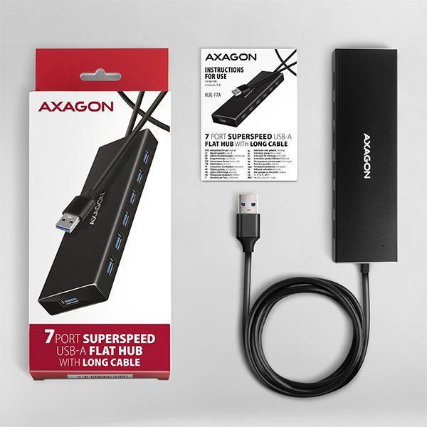 AXAGON HUE-F7A, 7x USB 3.2 Gen 1 ALU FLAT CHARGING hub, micro USB napájecí konektor, kabel USB-A 1m - obrázek č. 6
