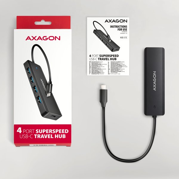 AXAGON HUE-C1C, 4x USB 5Gbps TRAVEL hub, USB-C napájecí konektor, kabel USB-C 19cm - obrázek č. 5