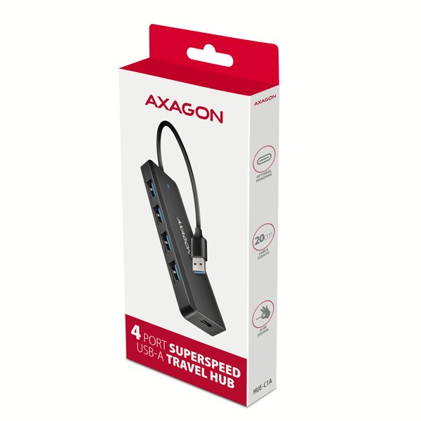 AXAGON HUE-C1A, 4x USB 5Gbps TRAVEL hub, USB-C napájecí konektor, kabel USB-A 19cm - obrázek č. 6