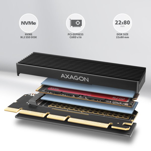 AXAGON PCEM2-XS, PCIe x16 - M.2 NVMe M-key slot adaptér, kryt s chladičem pro pasivní chlazení - obrázek č. 1