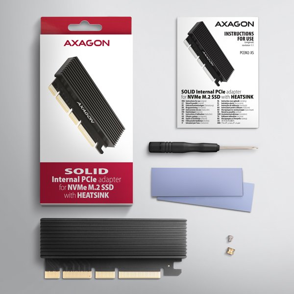 AXAGON PCEM2-XS, PCIe x16 - M.2 NVMe M-key slot adaptér, kryt s chladičem pro pasivní chlazení - obrázek č. 5
