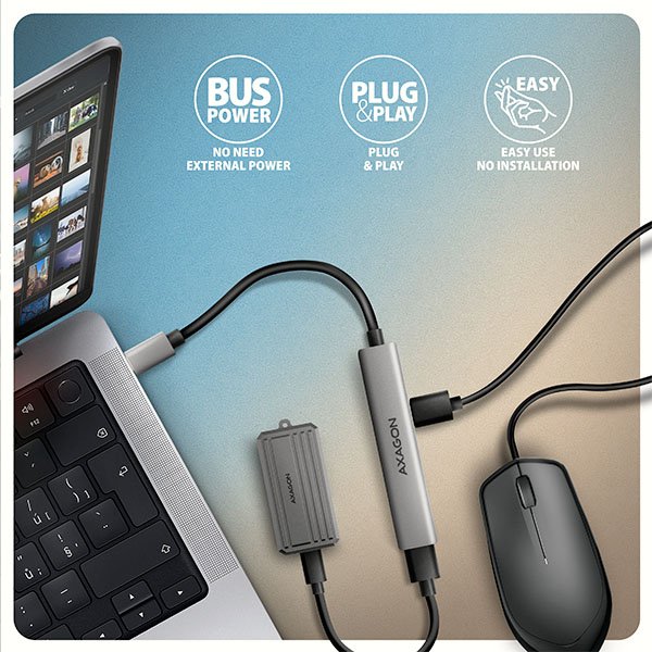 AXAGON HUE-STC, 4x USB ALU STRIP hub, 1x USB-A 5Gbps, 2x USB-A & 1x USB-C 480Mbps, kabel USB-C 12cm - obrázek č. 3